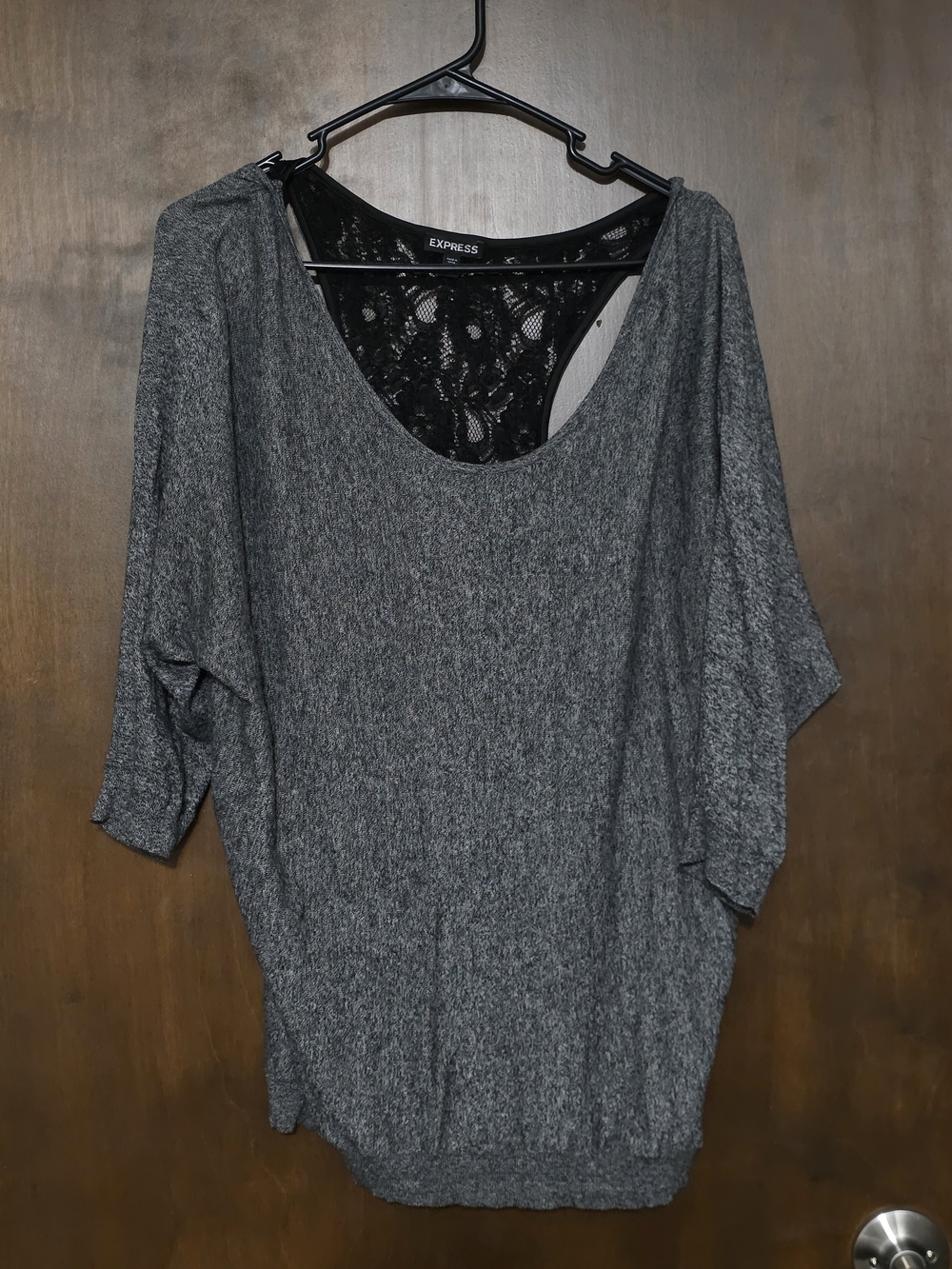 Express Gray Dolman Top with Black Lace Back